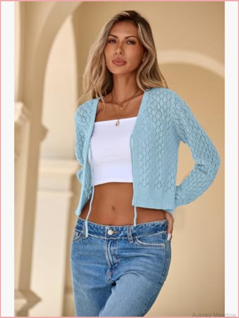 Crochet Tie Front Cardigan Shrug Long Sleeve Knit Crop Top - Picture 5 of 7